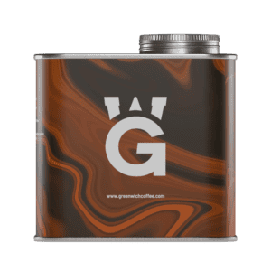 Kahve konserve kutusu, Greenwich Coffee logosu ve şık tasarımıyla kaliteli kahve ambalajı.