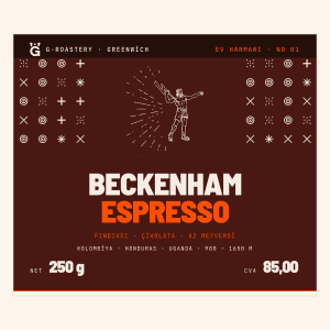 Greenwich Coffee Beckenham Espresso paket etiketi, kahve ve sıcak içecekler vurgulanıyor.